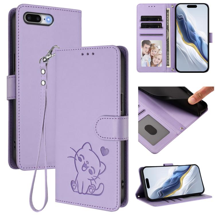 Embossed Heart Cat Leather Phone Case with Hand Strap, For iPhone 7 Plus / 8 Plus