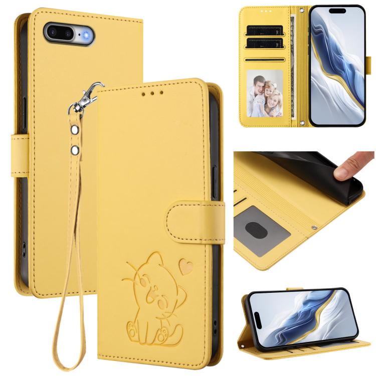 Embossed Heart Cat Leather Phone Case with Hand Strap, For iPhone 7 Plus / 8 Plus