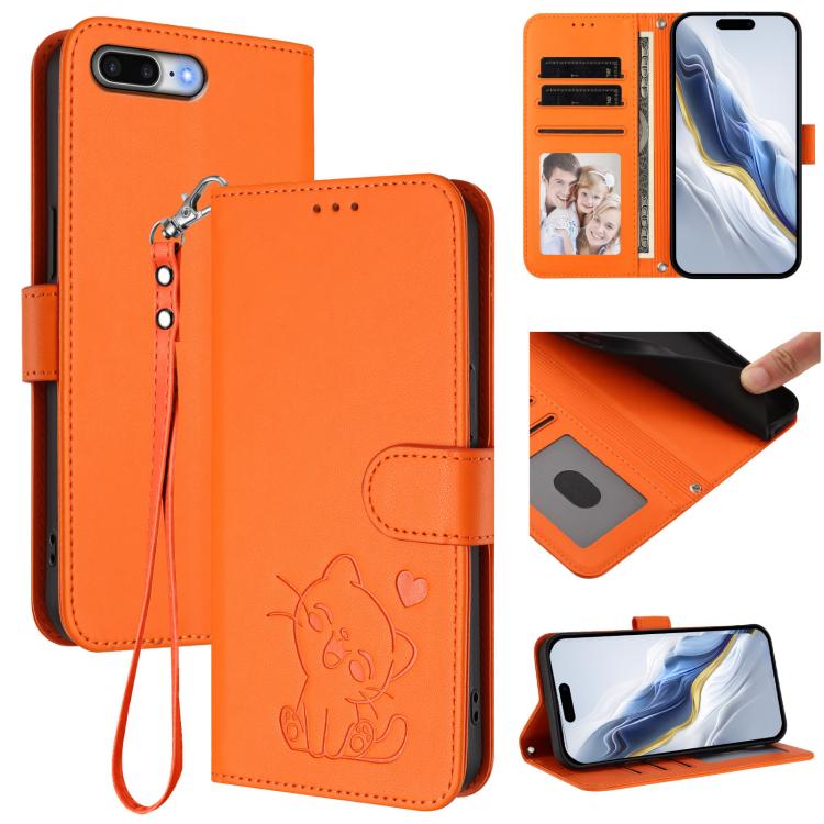 Embossed Heart Cat Leather Phone Case with Hand Strap, For iPhone 7 Plus / 8 Plus