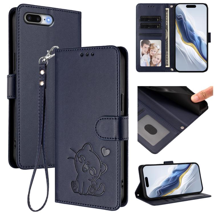 Embossed Heart Cat Leather Phone Case with Hand Strap, For iPhone 7 Plus / 8 Plus