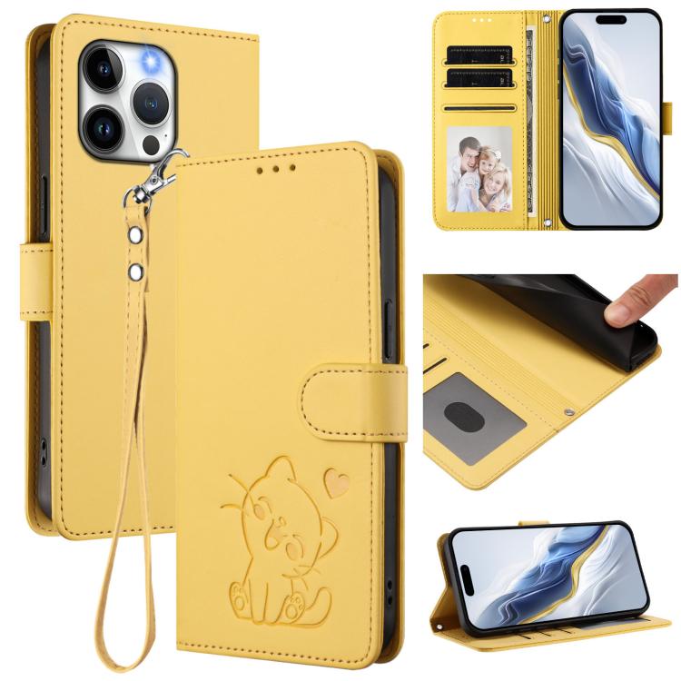 Embossed Heart Cat Leather Phone Case with Hand Strap, For iPhone 14 / 13, For iPhone 14 Pro