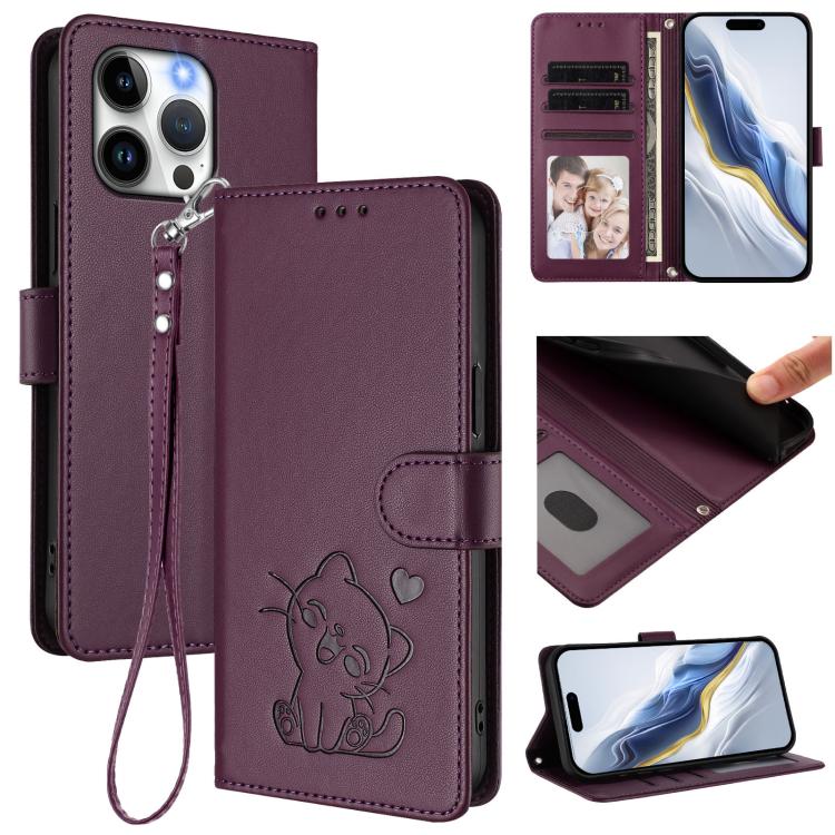 Embossed Heart Cat Leather Phone Case with Hand Strap, For iPhone 14 Pro Max, For iPhone 7 / 8 / SE 2022