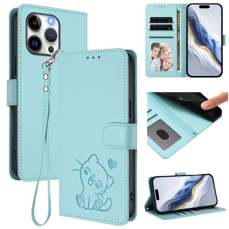 Embossed Heart Cat Leather Phone Case with Hand Strap, For iPhone 13 Pro Max, For iPhone 13 Pro