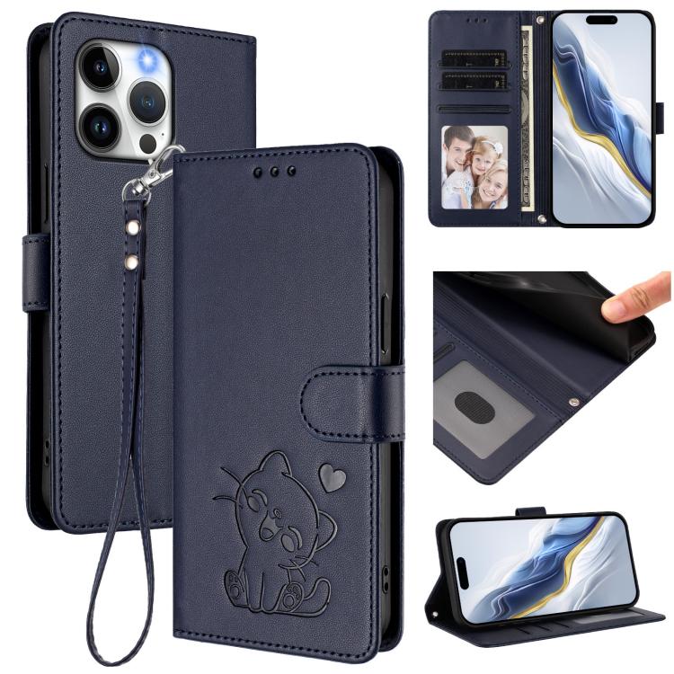 Embossed Heart Cat Leather Phone Case with Hand Strap, For iPhone 13 Pro Max, For iPhone 13 Pro