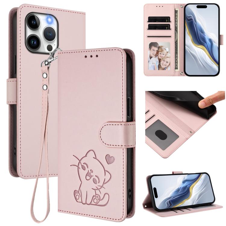 Embossed Heart Cat Leather Phone Case with Hand Strap, For iPhone 13 Pro Max, For iPhone 13 Pro
