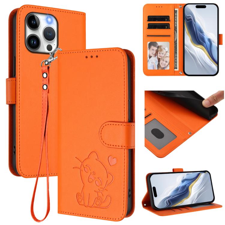 Embossed Heart Cat Leather Phone Case with Hand Strap, For iPhone 13 Pro Max, For iPhone 13 Pro