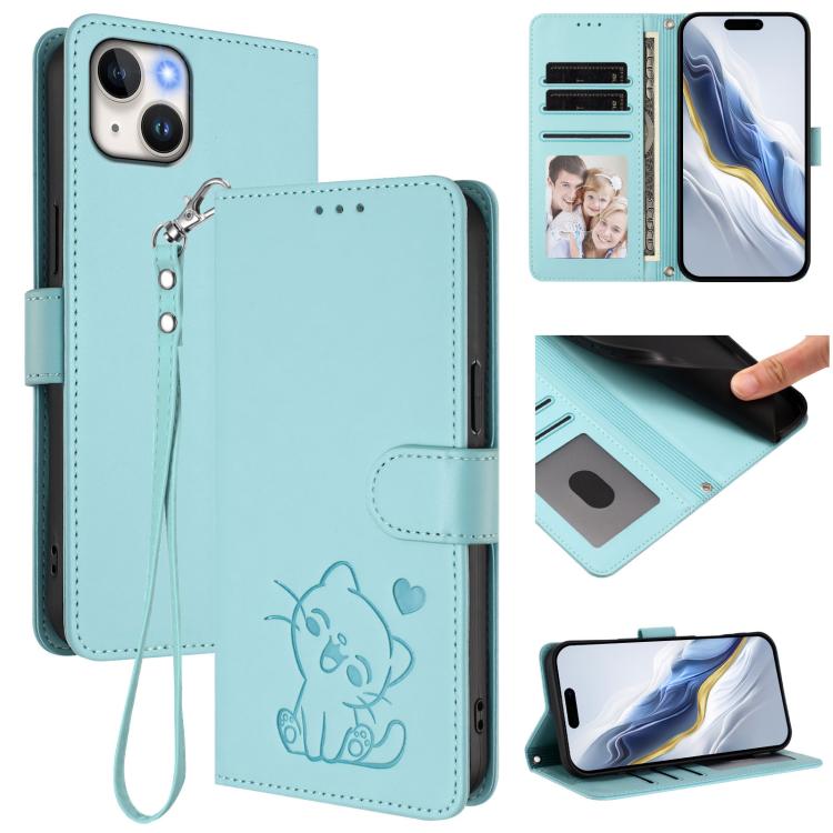 Embossed Heart Cat Leather Phone Case with Hand Strap, For iPhone 13 mini, For iPhone 12 / 12 Pro
