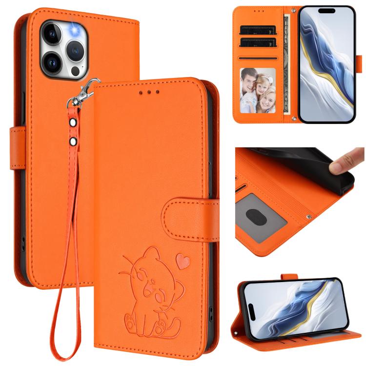Embossed Heart Cat Leather Phone Case with Hand Strap, For iPhone 12 Pro Max, For iPhone 12 mini