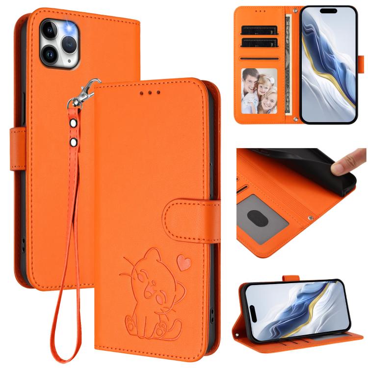 Embossed Heart Cat Leather Phone Case with Hand Strap, For iPhone 11 Pro Max, For iPhone 11