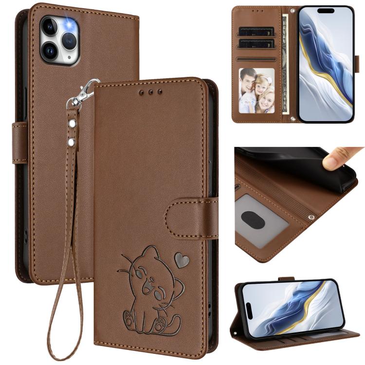 Embossed Heart Cat Leather Phone Case with Hand Strap, For iPhone 11 Pro Max, For iPhone 11