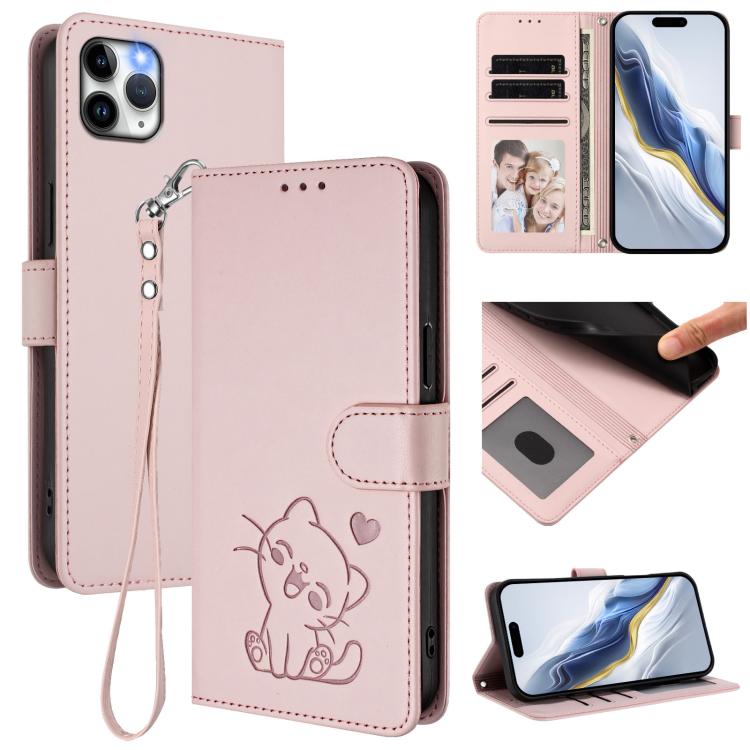 Embossed Heart Cat Leather Phone Case with Hand Strap, For iPhone 11 Pro, For iPhone X / XS
