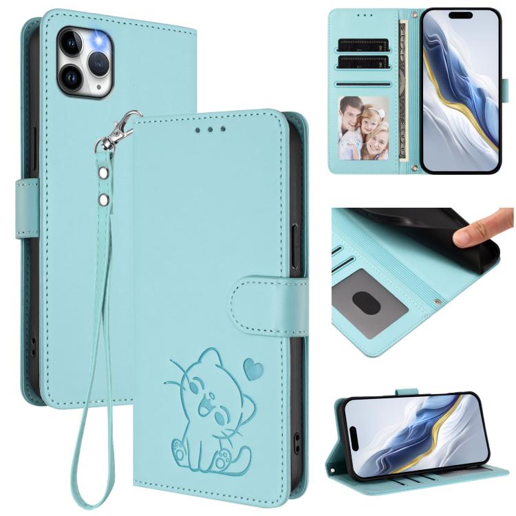 Embossed Heart Cat Leather Phone Case with Hand Strap, For iPhone 11 Pro, For iPhone X / XS