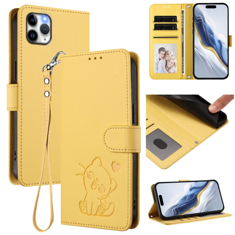 Embossed Heart Cat Leather Phone Case with Hand Strap, For iPhone 11 Pro, For iPhone X / XS
