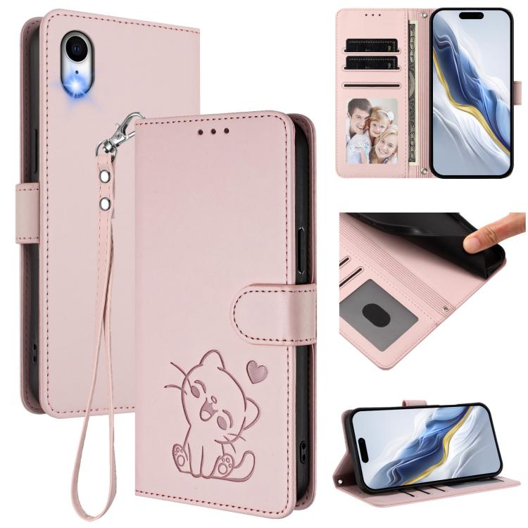 Embossed Heart Cat Leather Phone Case with Hand Strap, For iPhone XR, For iPhone XS Max