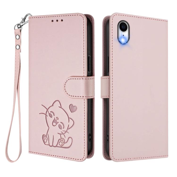 Embossed Heart Cat Leather Phone Case with Hand Strap, For iPhone XR, For iPhone XS Max
