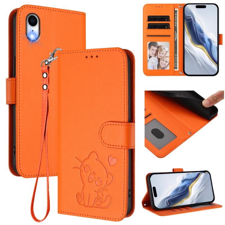Embossed Heart Cat Leather Phone Case with Hand Strap, For iPhone XR, For iPhone XS Max