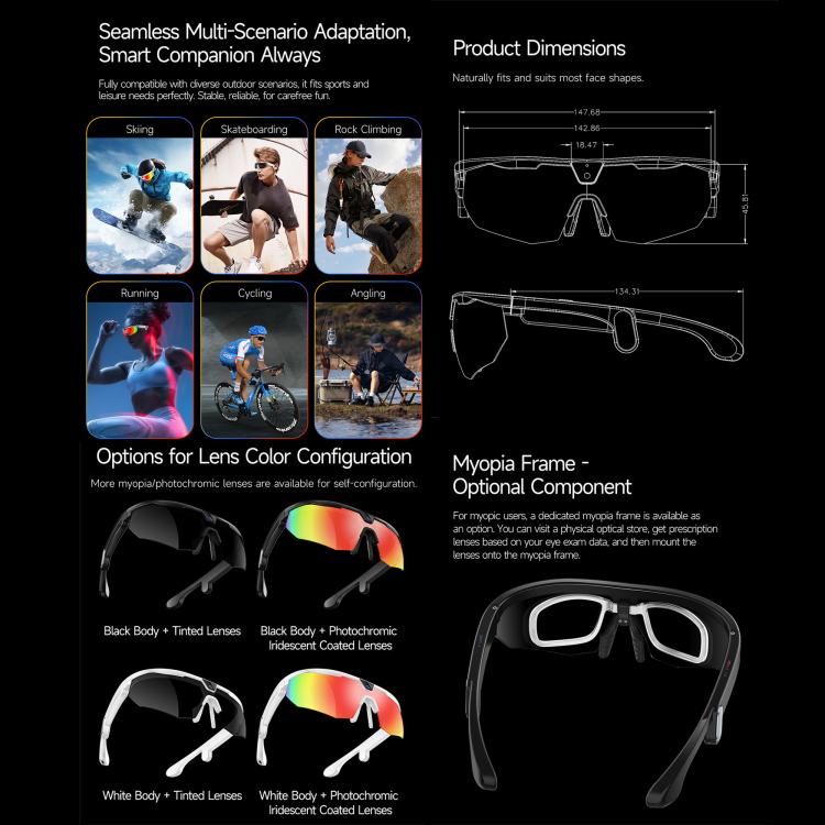 W640 8MP Cycling Smart AI Sports Glasses, Six-axis Image Stabilization, Wi-Fi, Touch Control, Dual Mic Noise Reduction, AI Translation