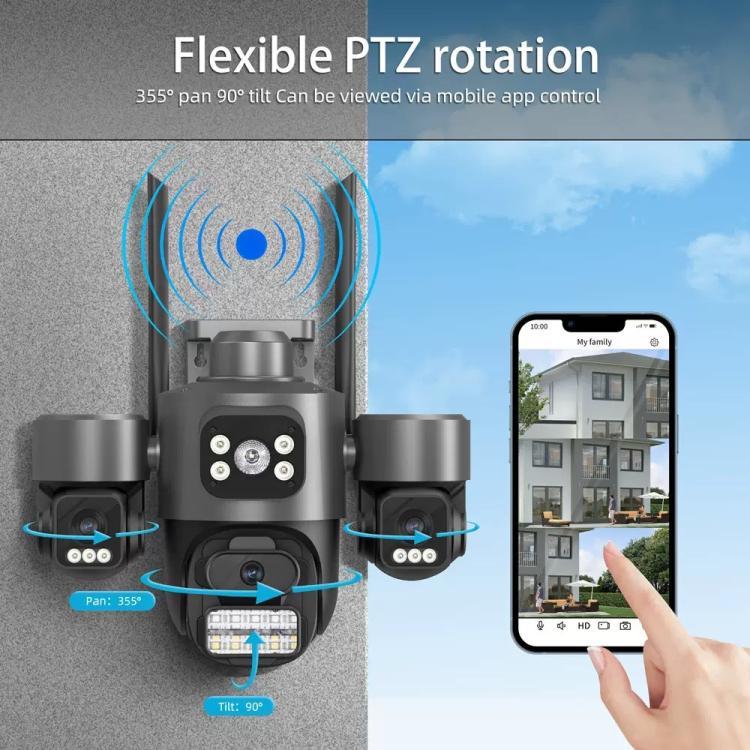 ICSee Triple-Lens 3MP Wireless WiFi Security Camera, Three-Screen Panoramic PTZ IP Camera with Full-Color Night Vision, US Plug, EU Plug
