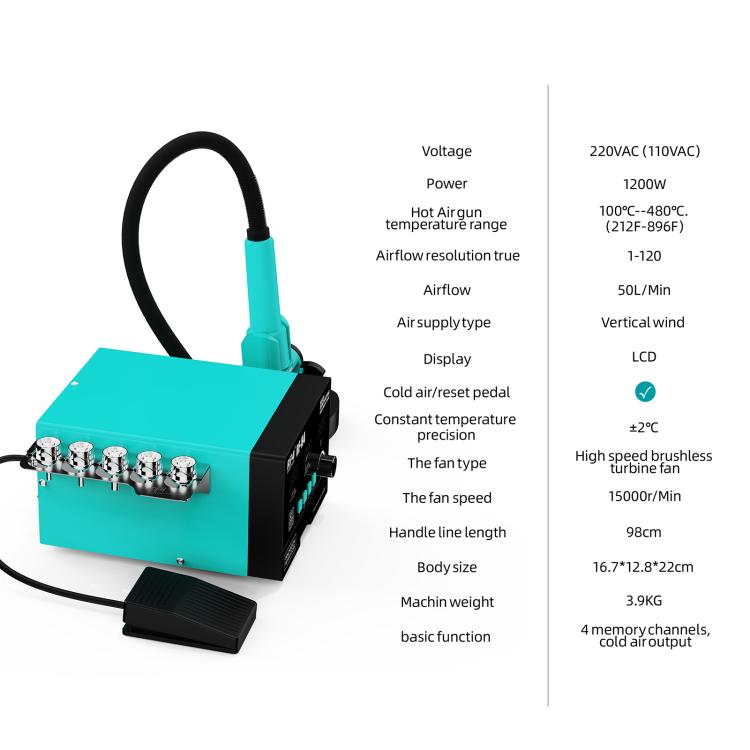 RF4 RF-H4 1200W 4 Memory Channels Hot Air Gun Digital Display Intelligent BGA Rework Station with Cold Air Pedal, RF-H4