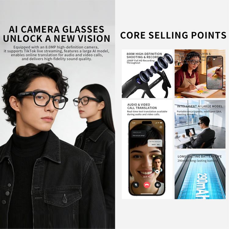 CY03 Smart AI Glasses with 8MP HD Camera, Video Recording WiFi Transmission, Al Smart Voice Assistant, Anti Blue Light Lens, Sunglasses