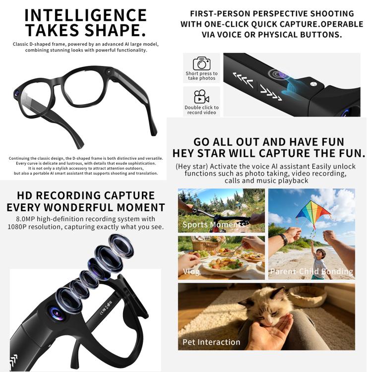 CY03 Smart AI Glasses with 8MP HD Camera, Video Recording WiFi Transmission, Al Smart Voice Assistant, Anti Blue Light Lens, Sunglasses
