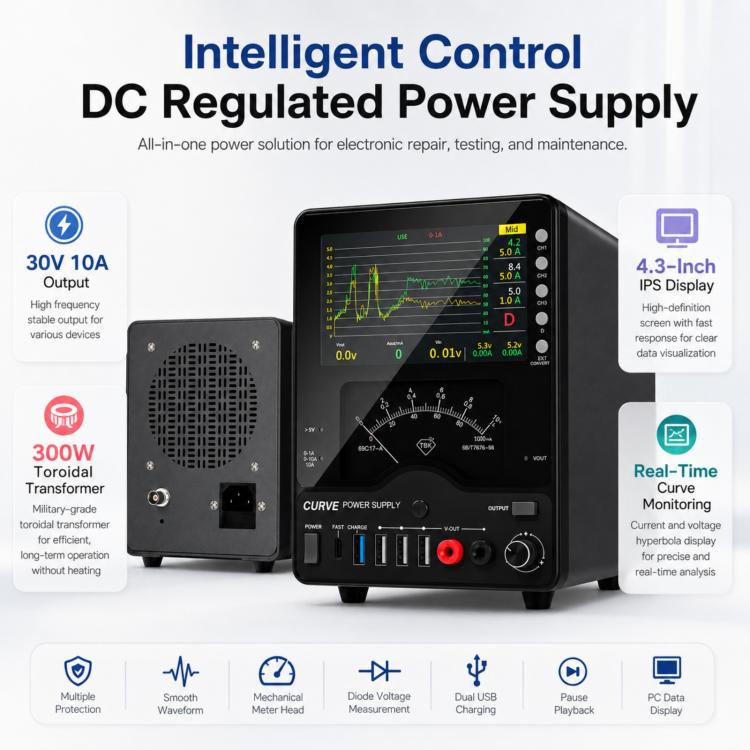 TBK TBK-218 30V / 10A Intelligent Control Curved DC Regulated Power Supply with Pointer Meter, AU Plug, EU Plug, US Plug, UK Plug