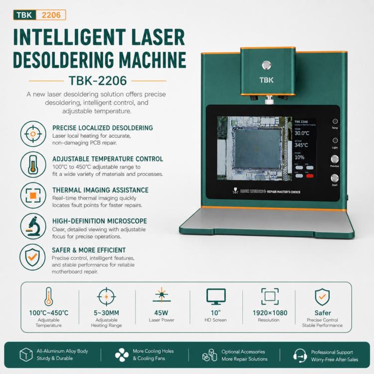 TBK TBK-2206 45W High-Power Intelligent Laser Desoldering Machine with HD Display, AU Plug, EU Plug, US Plug, UK Plug