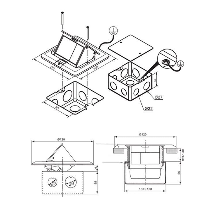 Hidden Pop-up Aluminum Alloy Computer Floor Socket with Cover Bottom Box, EU Plug