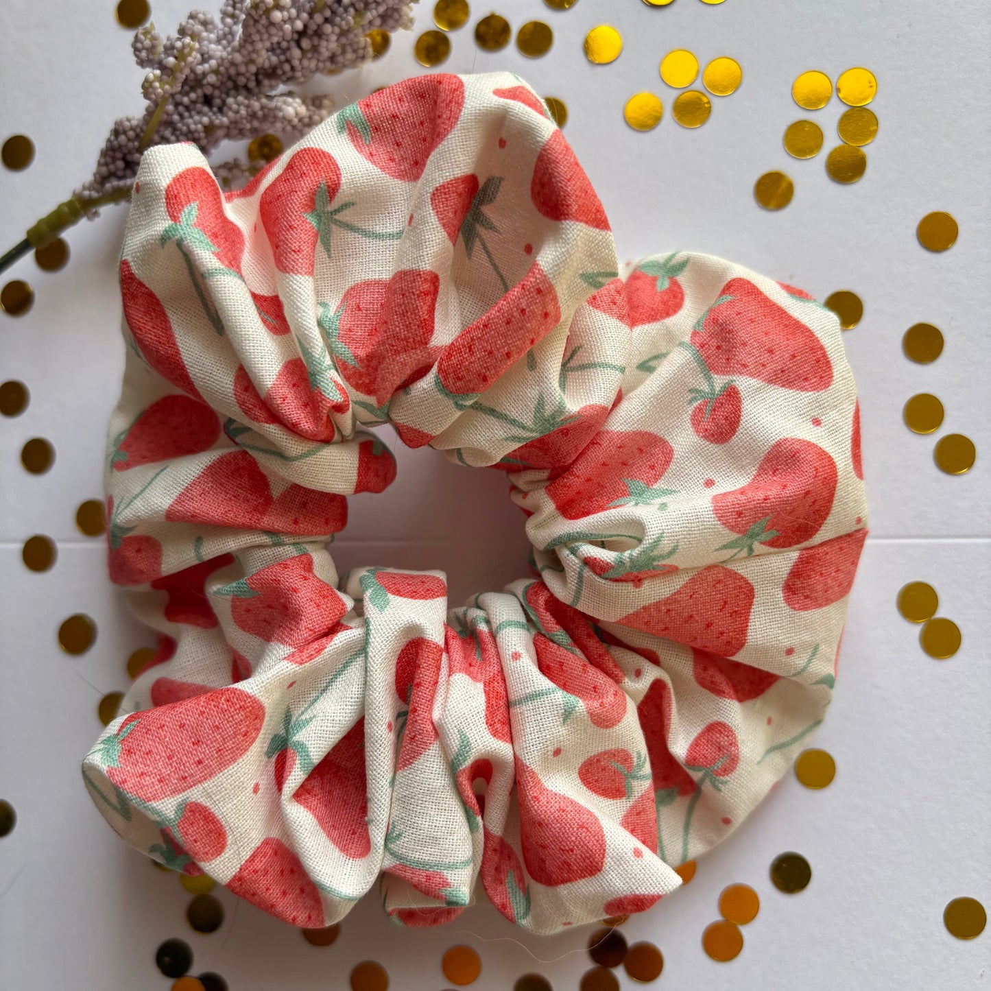 Handmade large white and red strawberry scrunchie