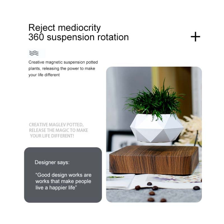 Diamond Plastic Flower Pot + Dark Wood Grain Base Magnetic Levitation Potted Plant Home Decoration, US Plug, Dark Wood Grain US Plug, Light Wood Grain US Plug