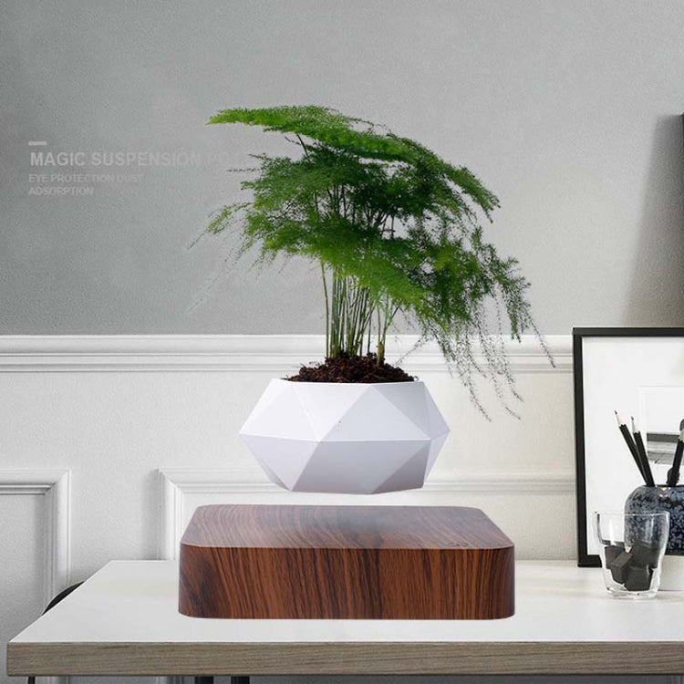 Diamond Plastic Flower Pot + Dark Wood Grain Base Magnetic Levitation Potted Plant Home Decoration, US Plug, Dark Wood Grain US Plug, Light Wood Grain US Plug