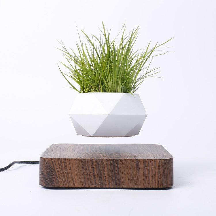 Diamond Plastic Flower Pot + Dark Wood Grain Base Magnetic Levitation Potted Plant Home Decoration, EU Plug, Dark Wood Grain EU Plug, Light Wood Grain EU Plug