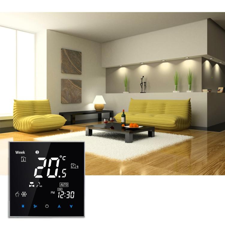 BAC-2000 Central Air Conditioning Type Touch LCD Digital 2-pipe Fan Coil Unit Room Thermostat, Display Fan Speed / Clock / Temperature  / Time / Week / Heat etc., BAC-2000 (Black), BAC-2000 (White)