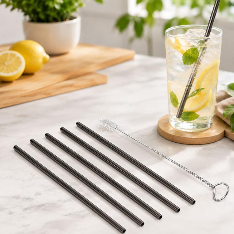 5pcs Reusable Stainless Steel Straight Drinking Straw + Cleaner Brush Set Kit,  266*6mm, 266*6mm (Straight)