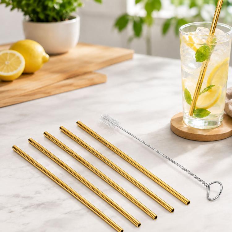 5pcs Reusable Stainless Steel Straight Drinking Straw + Cleaner Brush Set Kit,  266*6mm, 266*6mm (Straight)