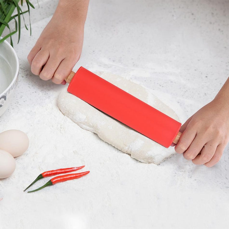 kn055 Solid Wooden Handle Silicone Rolling Pin Non-stick Food Dumpling Stick, Length: 43cm, Random Color Delivery, 43cm