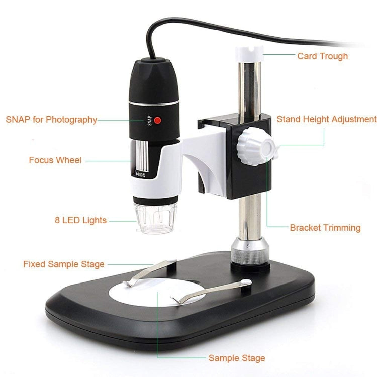 DMS-MDS800 40X-1600X Magnifier 2.0MP Image Sensor USB Digital Microscope with 8 LEDs & Professional Stand, 40X-1600X