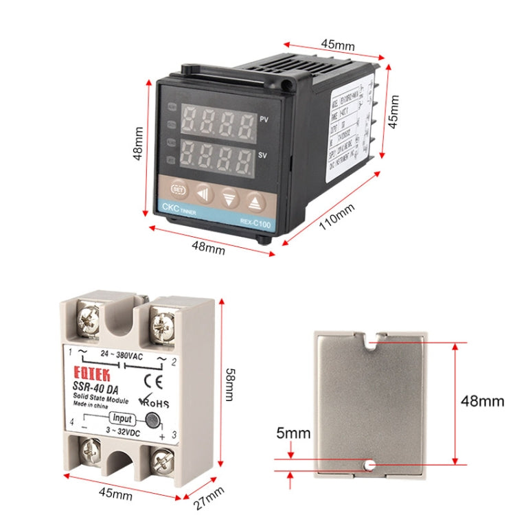 11000W REX-C100 Thermostat + Heat Sink + Thermocouple + SSR-100 DA Solid State Module Intelligent Temperature Control Kit, 100DA