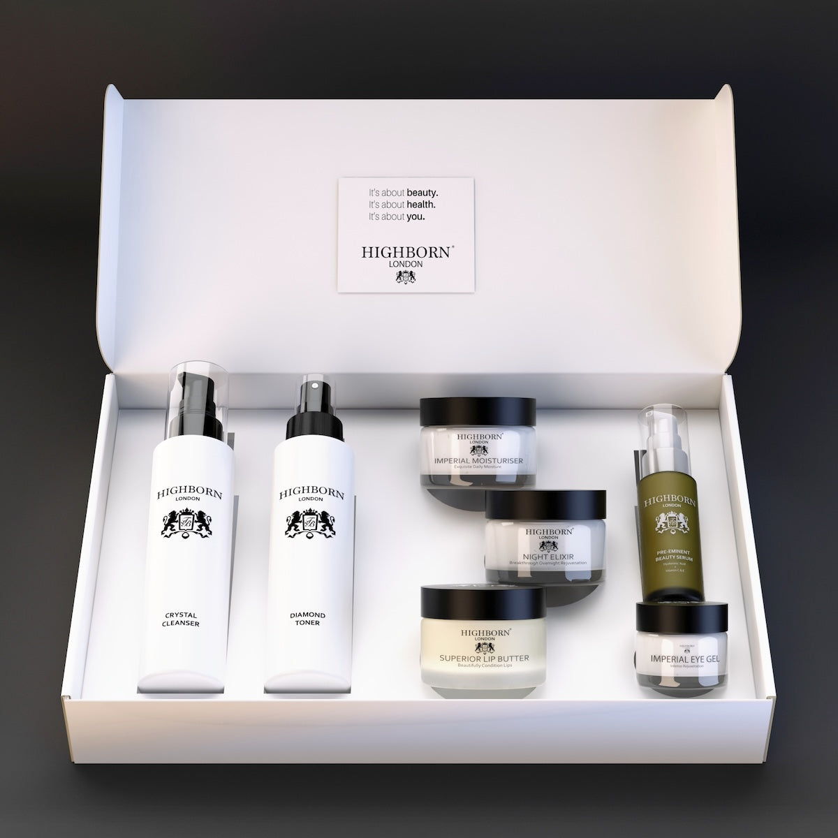 Seven Phase Collection skincare set with cleanser, toner, moisturizers, eye gel, and lip butter in white packaging.