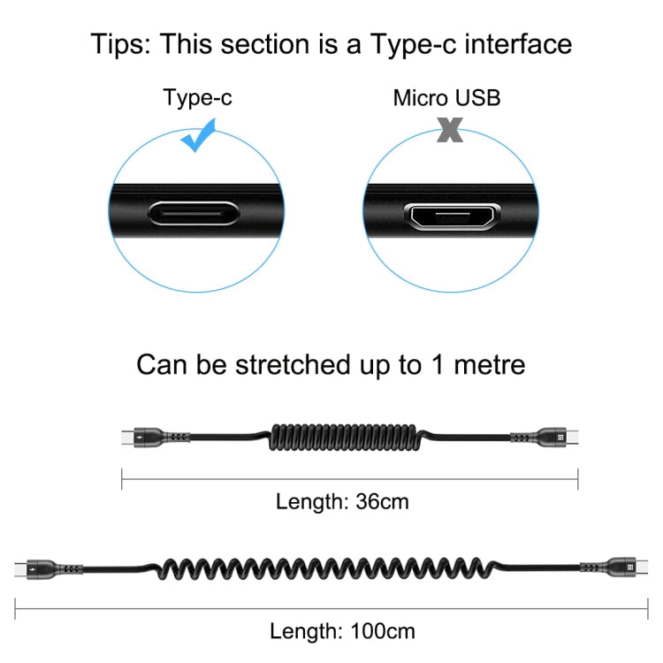 HAWEEL 1m 5A USB-C / Type-C to USB-C / Type-C Retractable Coiled PD Fast Charging Cable, 1m 5A Type-C
