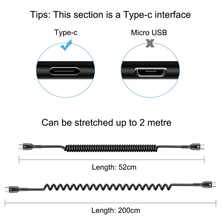 HAWEEL 2m 5A USB-C / Type-C to USB-C / Type-C Retractable Coiled PD Fast Charging Cable, 2m 5A Type-C