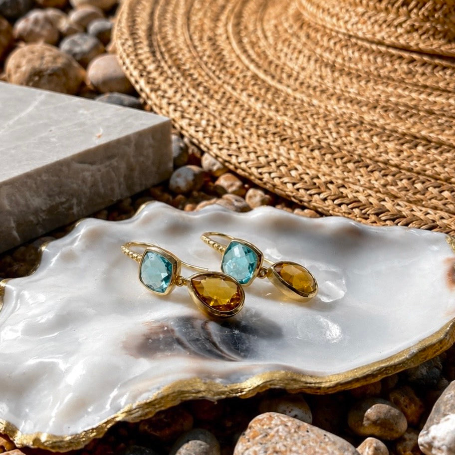 Charis Double Gemstone Earrings Blue Topaz & Citrine