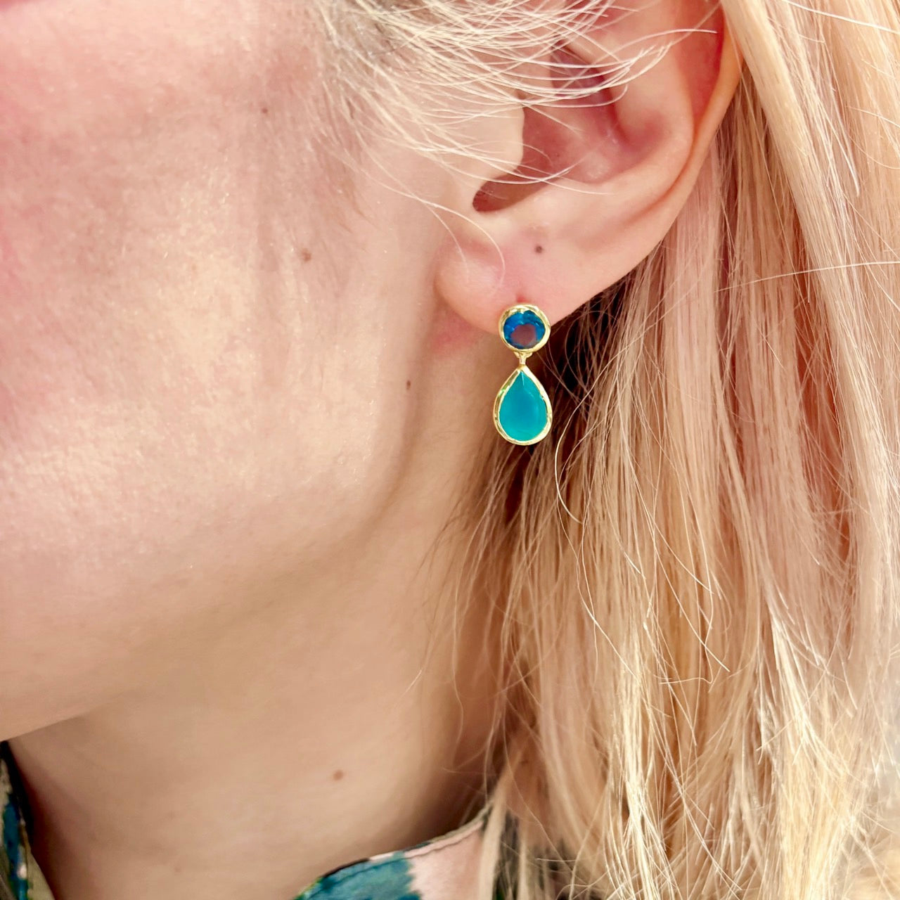 Gold Double Gemstone Drop Earrings with Pariba Onyx & Iolite