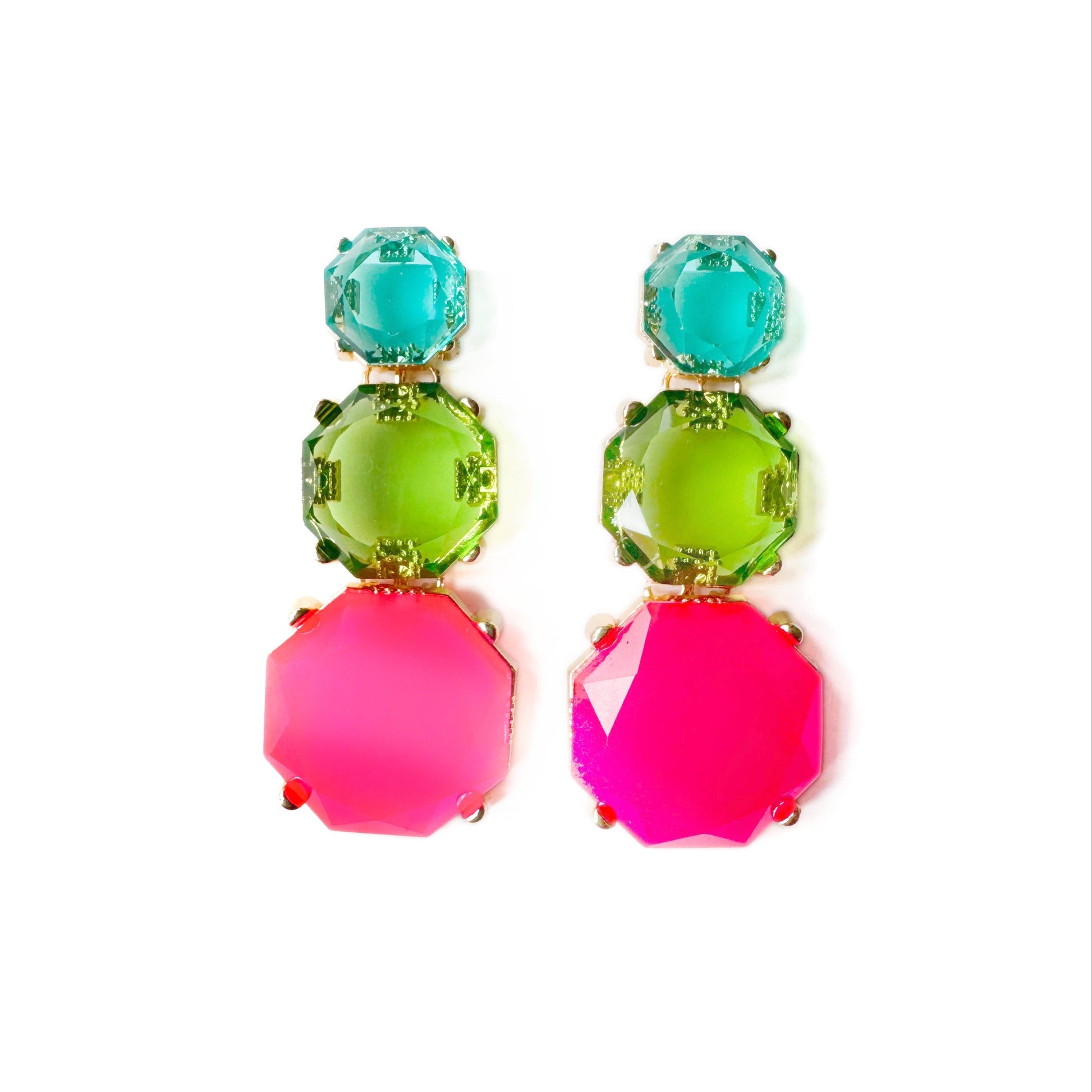 Nola Large Bold Colour Pop Statement Dangle Earrings with faceted aqua blue, lime green, and hot pink stones in gold-tone stacked octagon design