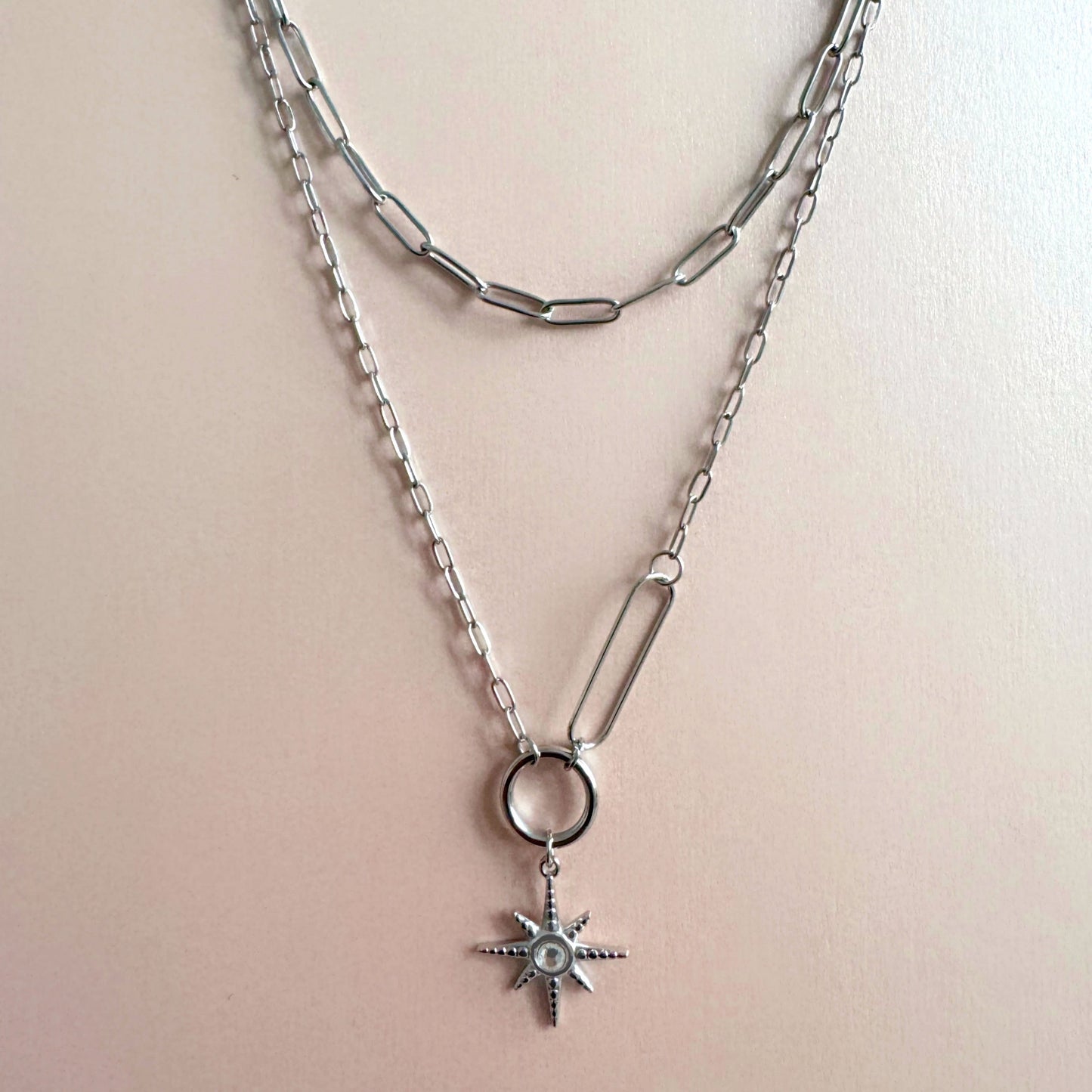 Sahara Luxe Double Layer Starburst Pendant Necklace in stainless steel with layered chains, outer 51 cm and inner 40 cm length