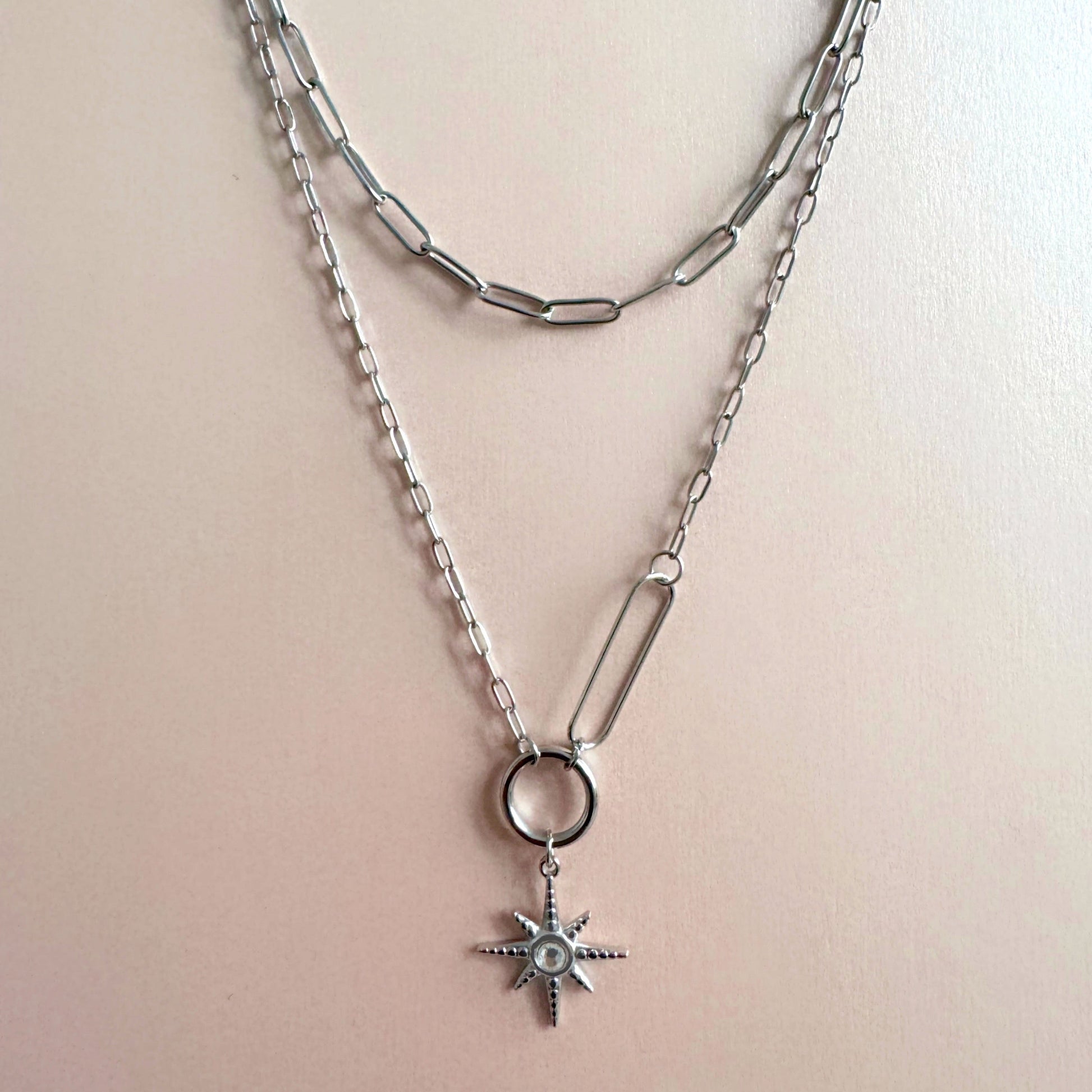 Sahara Luxe Double Layer Starburst Pendant Necklace in stainless steel with layered chains, outer 51 cm and inner 40 cm length