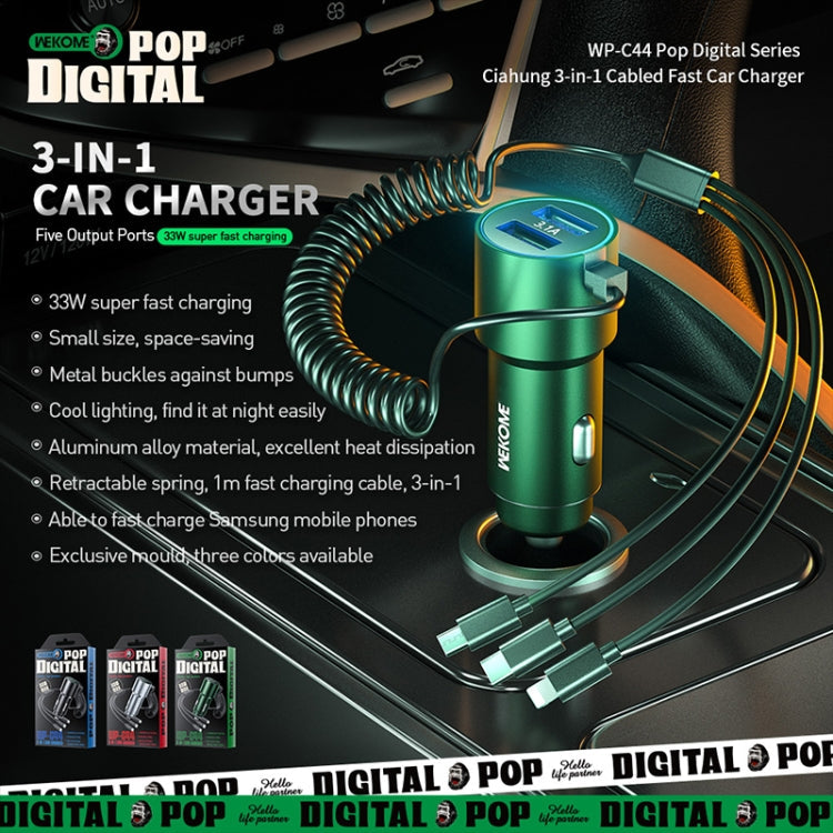 WK WP-C44 Pop Digital Series Ciahung 3-in-1 Cabled 33W Dual-USB Fast Car Charger, WP-C44 (Silver), WP-C44 (Black)