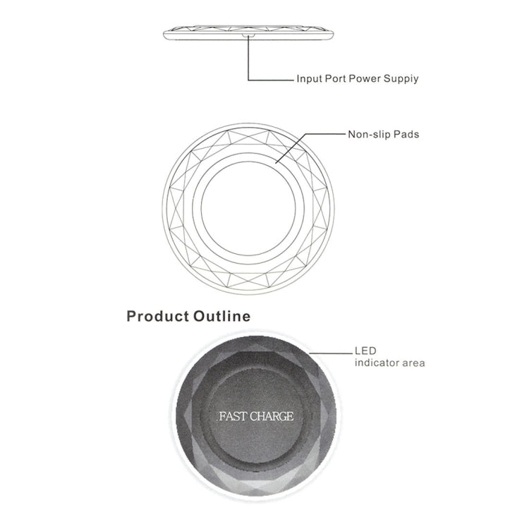 DC5V Input Diamond Qi Standard Fast Charging Wireless Charger, Cable Length: 1m, DC5V, DC5V Black