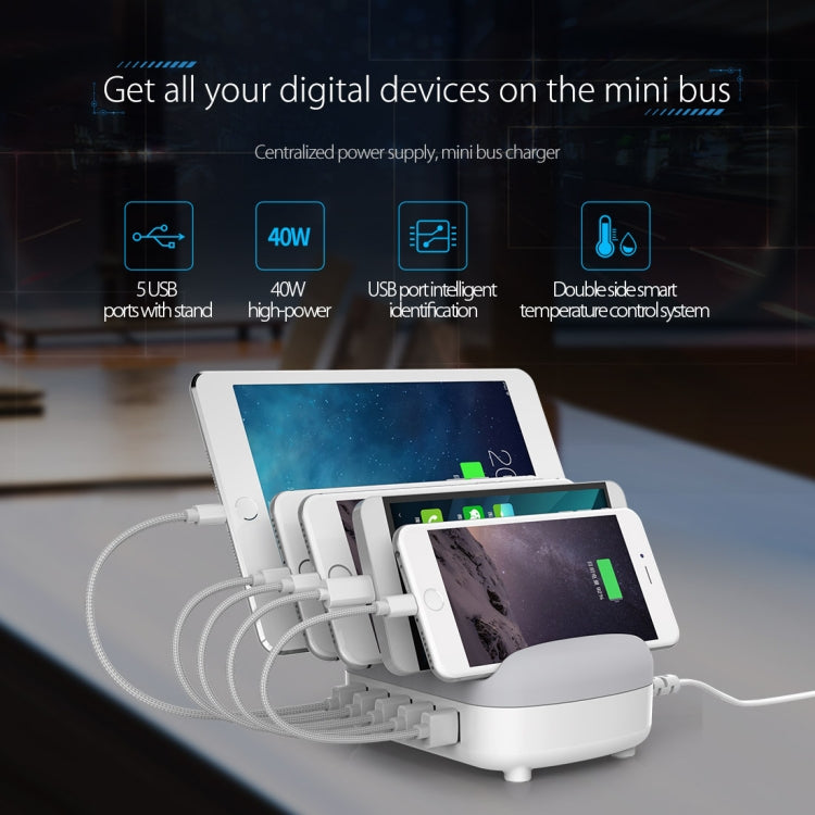 ORICO DUK-5P 40W 5 USB Ports Smart Charging Station with Phone & Tablet Stand, EU Plug