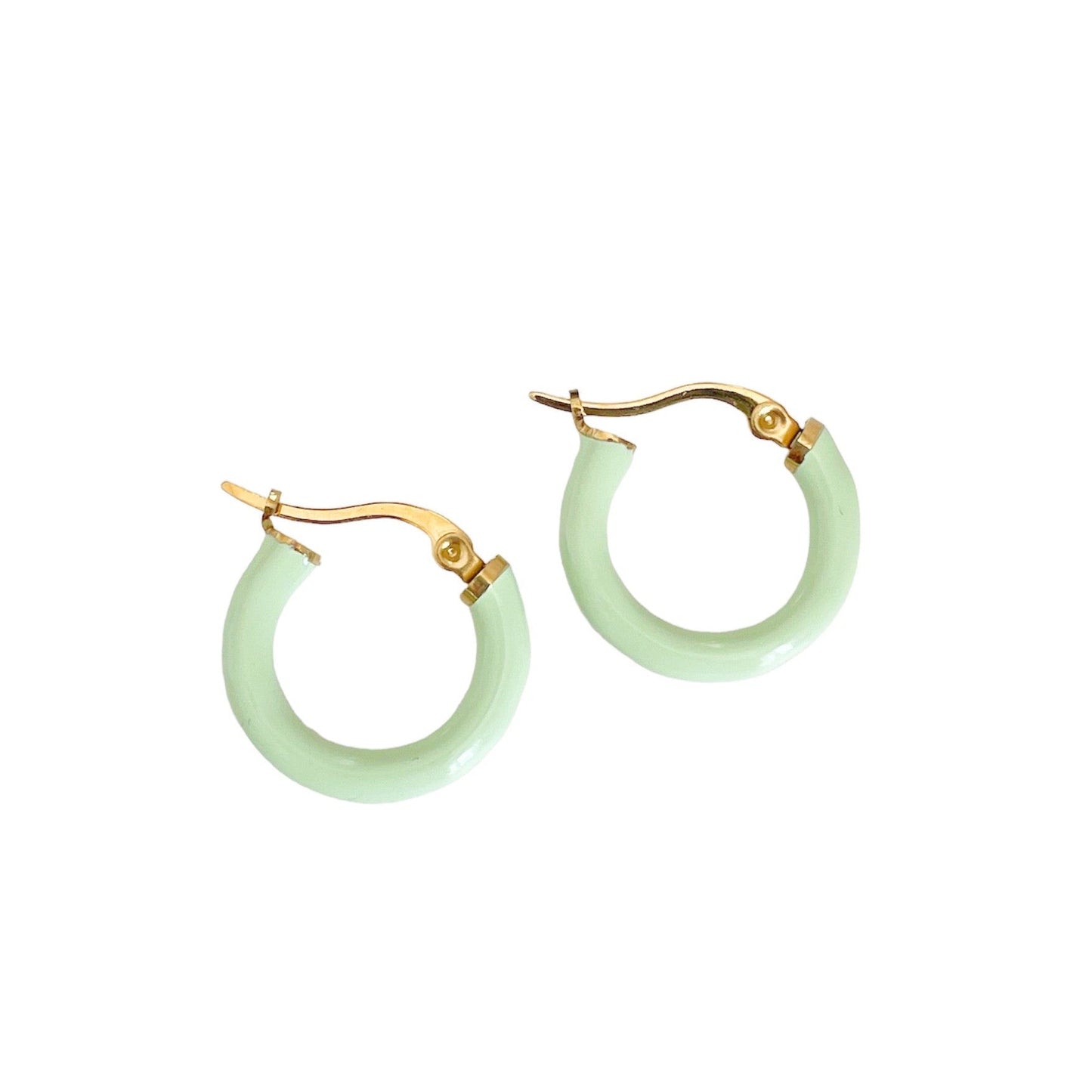 Anais Luxe 18k gold plated mint green hoop earrings with 3cm drop and epoxy finish